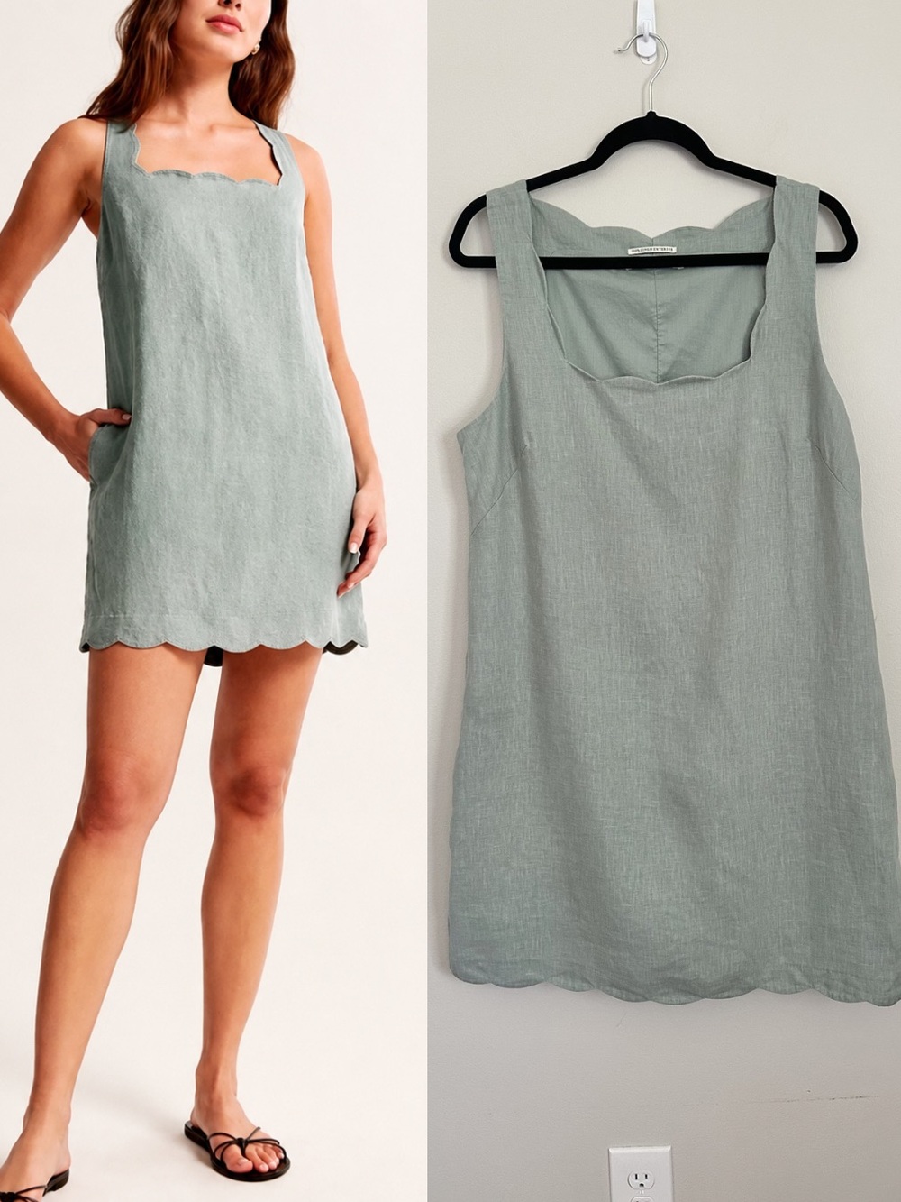 Abercrombie Linen Collection Sage Green Mini Dress Large Tall Scallop Hem Casual